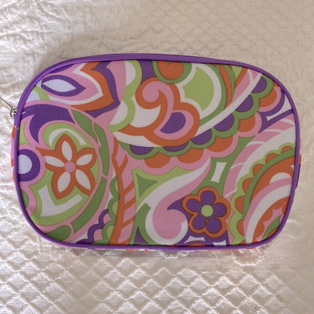 Clinique Cosmetic Bag. Geometric Flower Print in Pink, Green, Orange & Purple